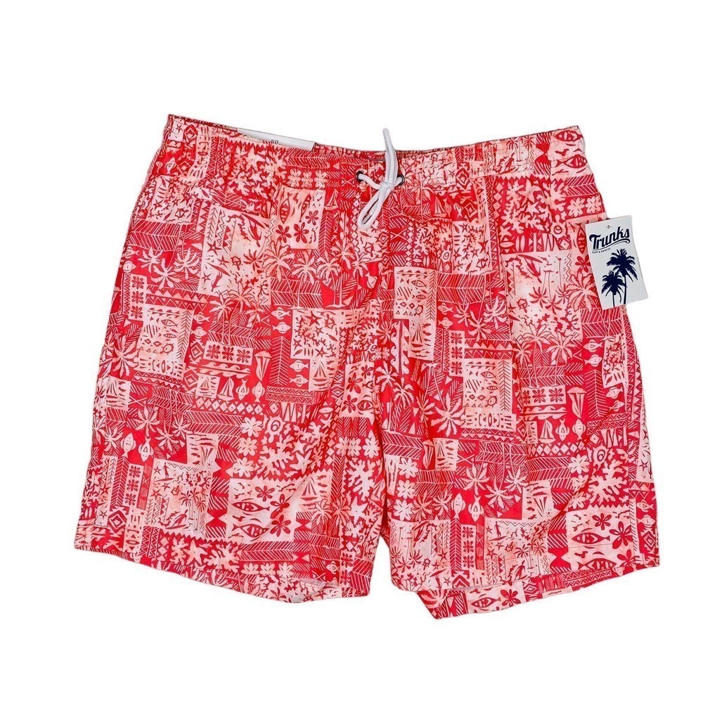 NWT Trunks Surf & Swim Co. Sano Printed Swim Trunks Postcard Tribal Coral SandXL